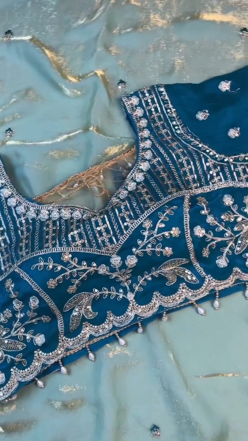 Midnight Teal & Aqua Azure Designer Blouse and Saree Set β Available in Midnight Teal & Aqua Azure - Image 5