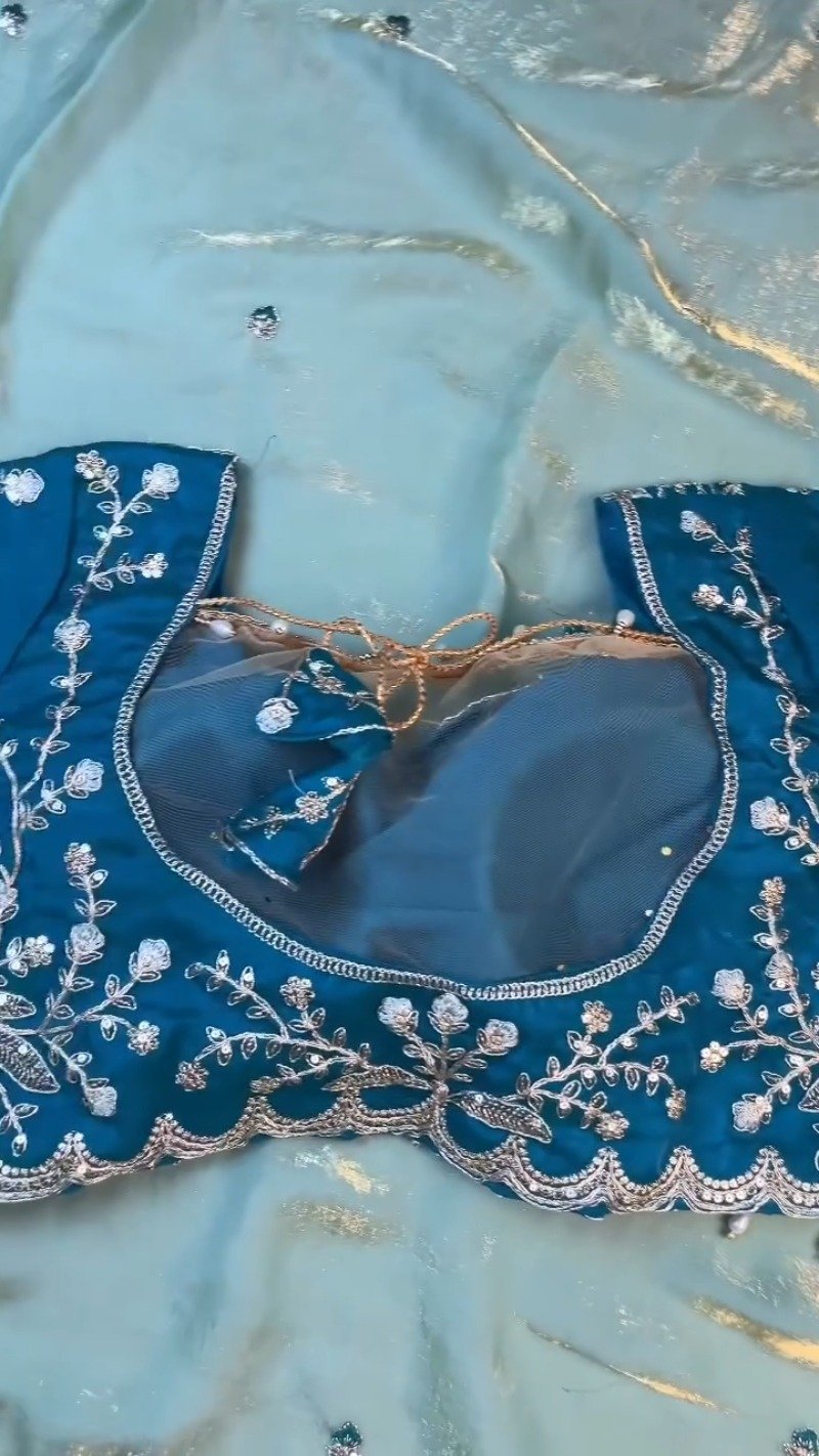 Midnight Teal & Aqua Azure Designer Blouse and Saree Set β Available in Midnight Teal & Aqua Azure - Image 6