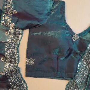 Enchanting Deep Teal Sequined Organza Saree & Blouse Ensemble