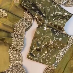 Olive Green Embroidered Organza Saree Set with Embellished Blouse