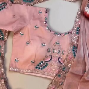 Peach Enchantment Peacock Embroidered Silk Saree & Blouse Set