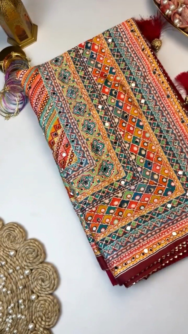 Bandhani-Inspired Mirror Work Ethnic Set with Pearl Embellishments β Available in Vibrant Multicolour & Deep Maroon - Image 2