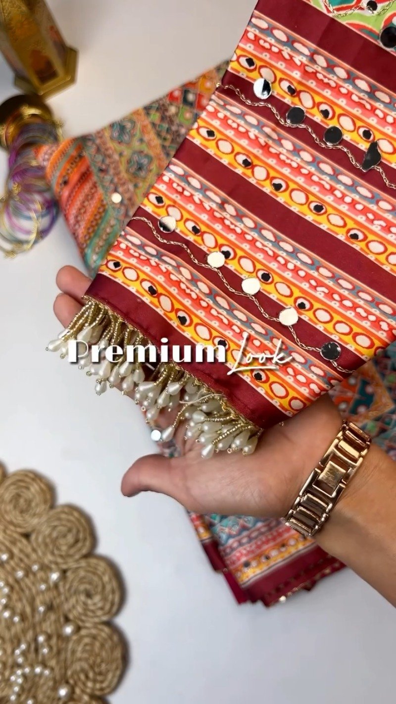 Bandhani-Inspired Mirror Work Ethnic Set with Pearl Embellishments β Available in Vibrant Multicolour & Deep Maroon - Image 3