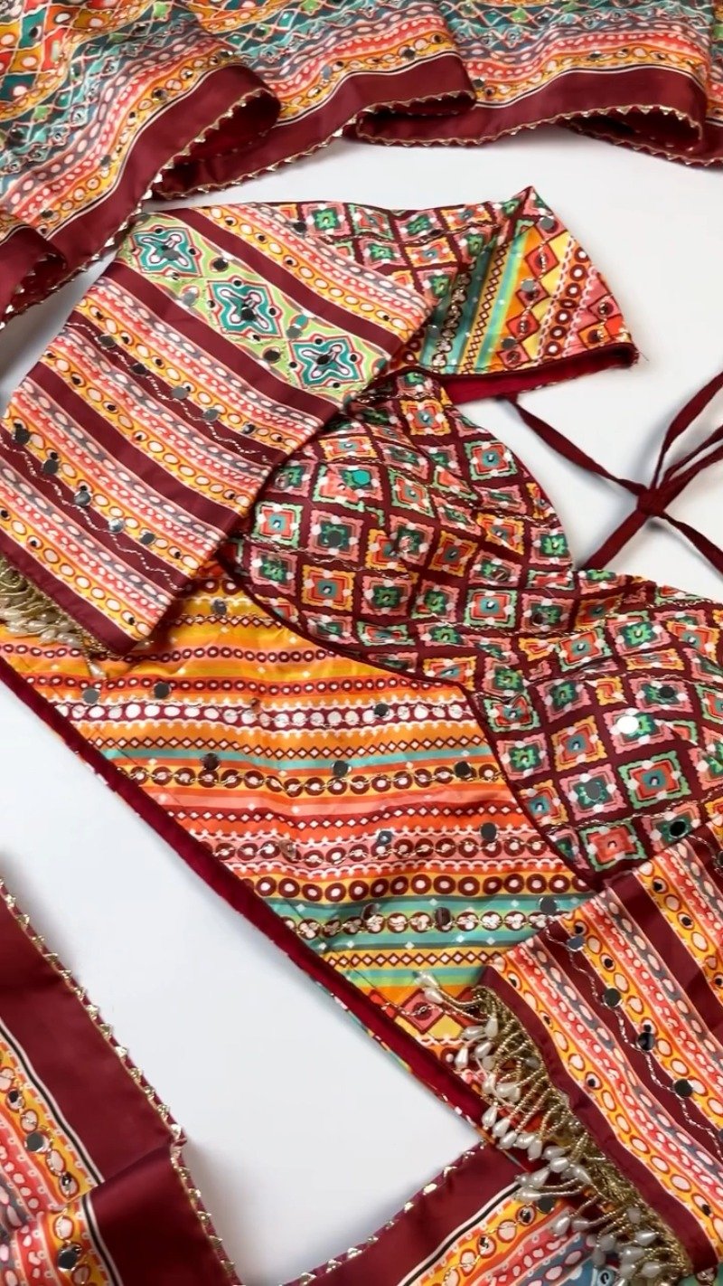 Bandhani-Inspired Mirror Work Ethnic Set with Pearl Embellishments β Available in Vibrant Multicolour & Deep Maroon - Image 6