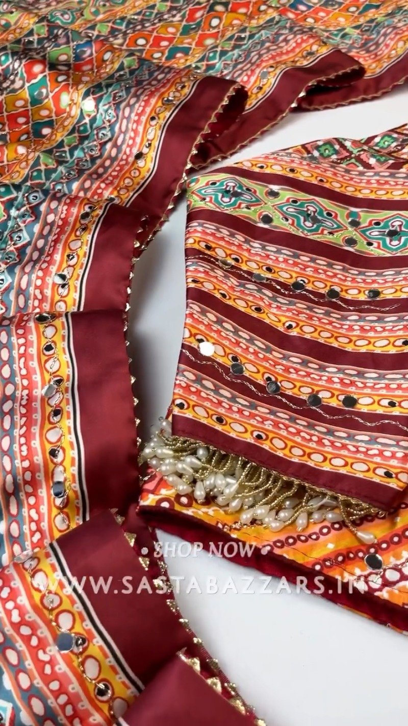 Bandhani-Inspired Mirror Work Ethnic Set with Pearl Embellishments β Available in Vibrant Multicolour & Deep Maroon - Image 7