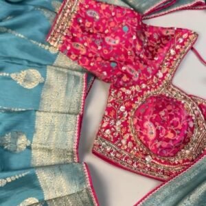 Opulent Paisley-Embroidered Silk Saree with Contrast Handcrafted Blouse – Available in Fuchsia & Teal Blue