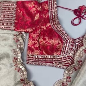 Red Brocade Blouse with Scalloped Sequin Border Saree