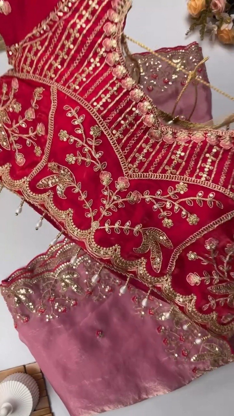 Opulent Hand-Embroidered Zardosi Silk Saree Set β Available in Crimson Red, Royal Purple, and Emerald Teal - Image 2