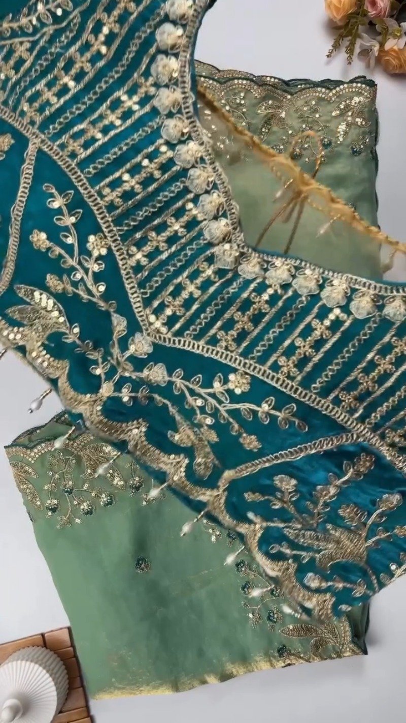 Opulent Hand-Embroidered Zardosi Silk Saree Set β Available in Crimson Red, Royal Purple, and Emerald Teal - Image 3