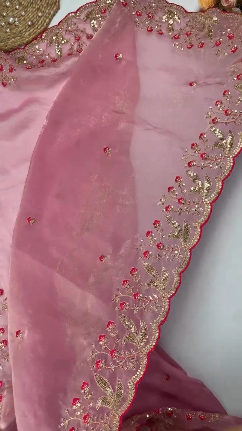 Opulent Hand-Embroidered Zardosi Silk Saree Set β Available in Crimson Red, Royal Purple, and Emerald Teal - Image 6