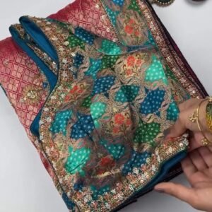 Royal Heritage Patchwork Silk Saree with Traditional Bandhani Detailing – Available in Crimson Red & Deep Teal Blue
