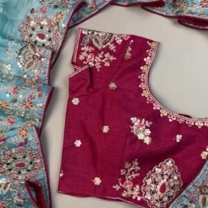 Enchanting Sky-Blue Saree with Magenta Contrast Embellished Blouse – Available in Sky-Blue & Magenta