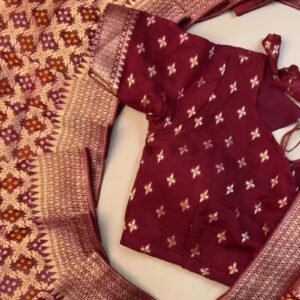 Regal Maroon Bandhani Silk Saree with Zari Border & Matching Designer Blouse