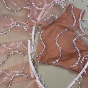 Peach Organza Sequinned Saree with Pearl-Detailed Scallop Border