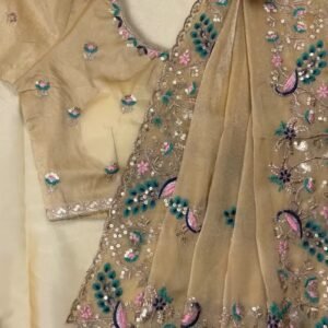 Opulent Peacock-Motif Embroidered Saree Set with Contrast Sequin Detailing – Available in Champagne, Moss Green, Mauve, and Dusty Peach