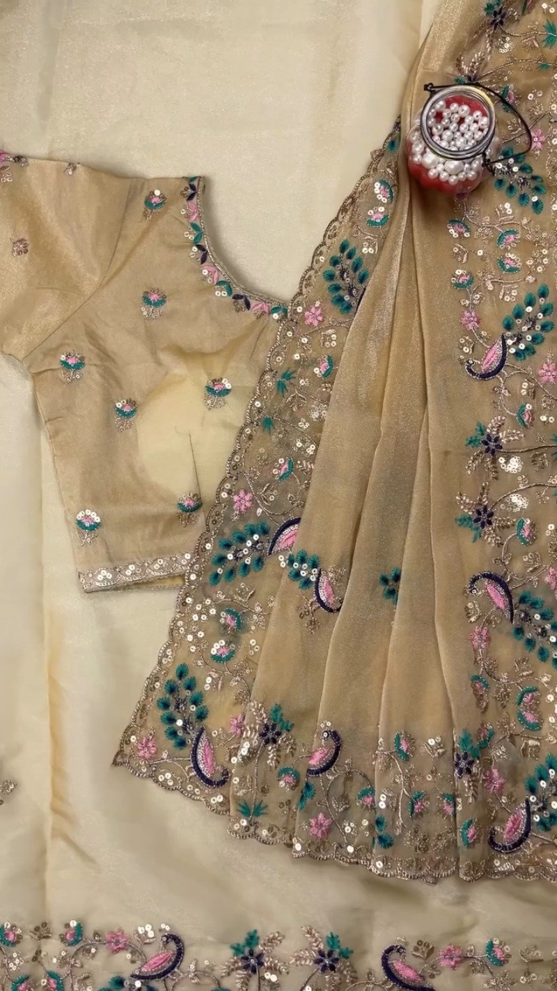 Opulent Peacock-Motif Embroidered Saree Set with Contrast Sequin Detailing β Available in Champagne, Moss Green, Mauve, and Dusty Peach