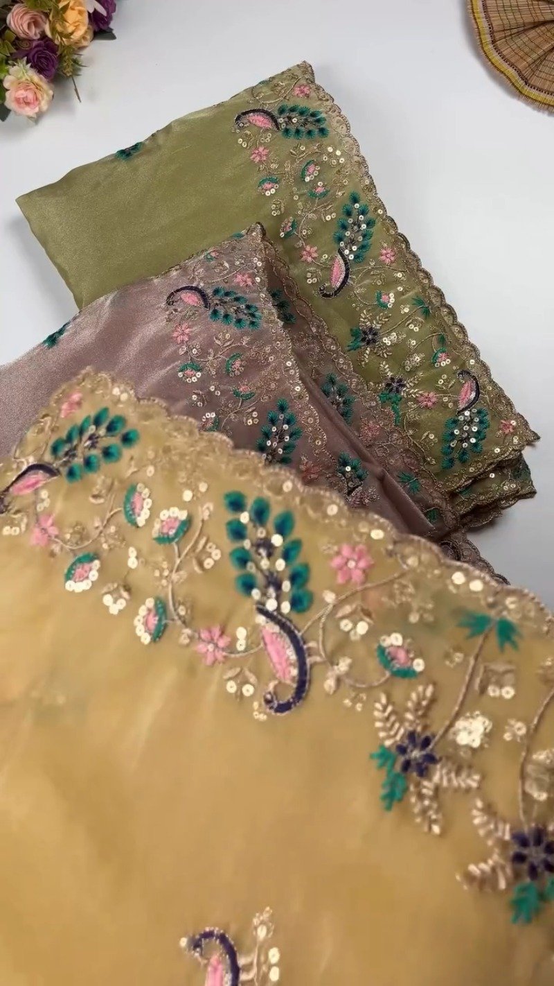 Opulent Peacock-Motif Embroidered Saree Set with Contrast Sequin Detailing β Available in Champagne, Moss Green, Mauve, and Dusty Peach - Image 2