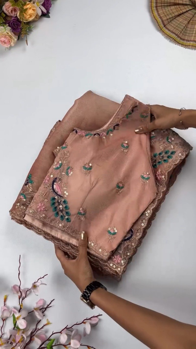 Opulent Peacock-Motif Embroidered Saree Set with Contrast Sequin Detailing β Available in Champagne, Moss Green, Mauve, and Dusty Peach - Image 4