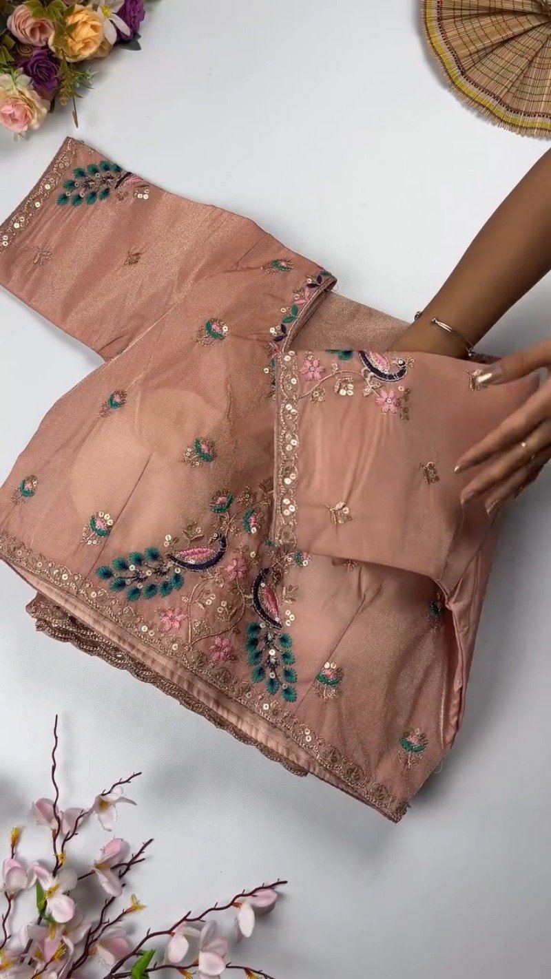 Opulent Peacock-Motif Embroidered Saree Set with Contrast Sequin Detailing β Available in Champagne, Moss Green, Mauve, and Dusty Peach - Image 5