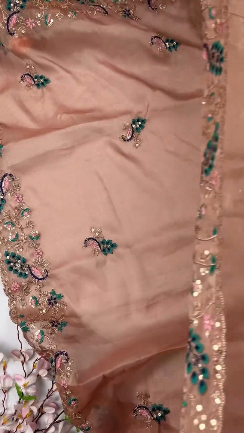Opulent Peacock-Motif Embroidered Saree Set with Contrast Sequin Detailing β Available in Champagne, Moss Green, Mauve, and Dusty Peach - Image 7
