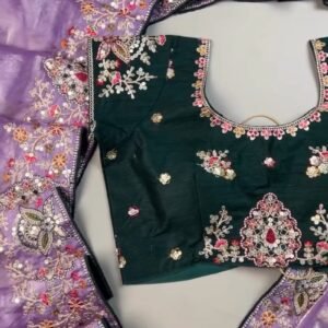 Enchanting Lavender Organza Saree Set with Deep Emerald Blouse – Elegance in Every Drape