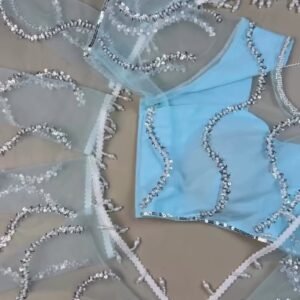 Ethereal Sky Blue Sequin-Embellished Organza Saree Set with Pearl Trims