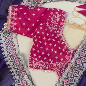 Royal Indigo & Magenta Peacock-Motif Hand-Embroidered Saree Set