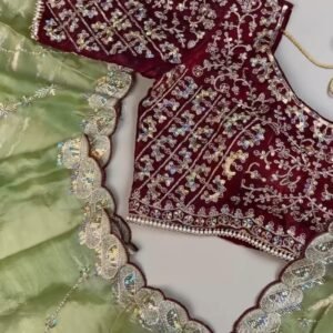 Sage Green and Maroon Contrast Embroidered Saree Set – Available in Sage Green & Maroon