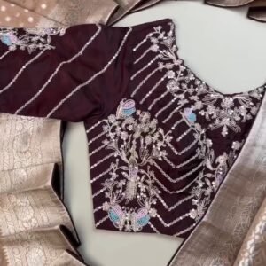Opulent Wine & Champagne Banarasi Silk Saree Set – Available in Wine & Champagne