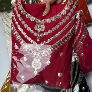 Opulent Sequined Anarkali Set with Floral Resham Embroidery – Available in Crimson Red, Dusty Rose, & Pristine White