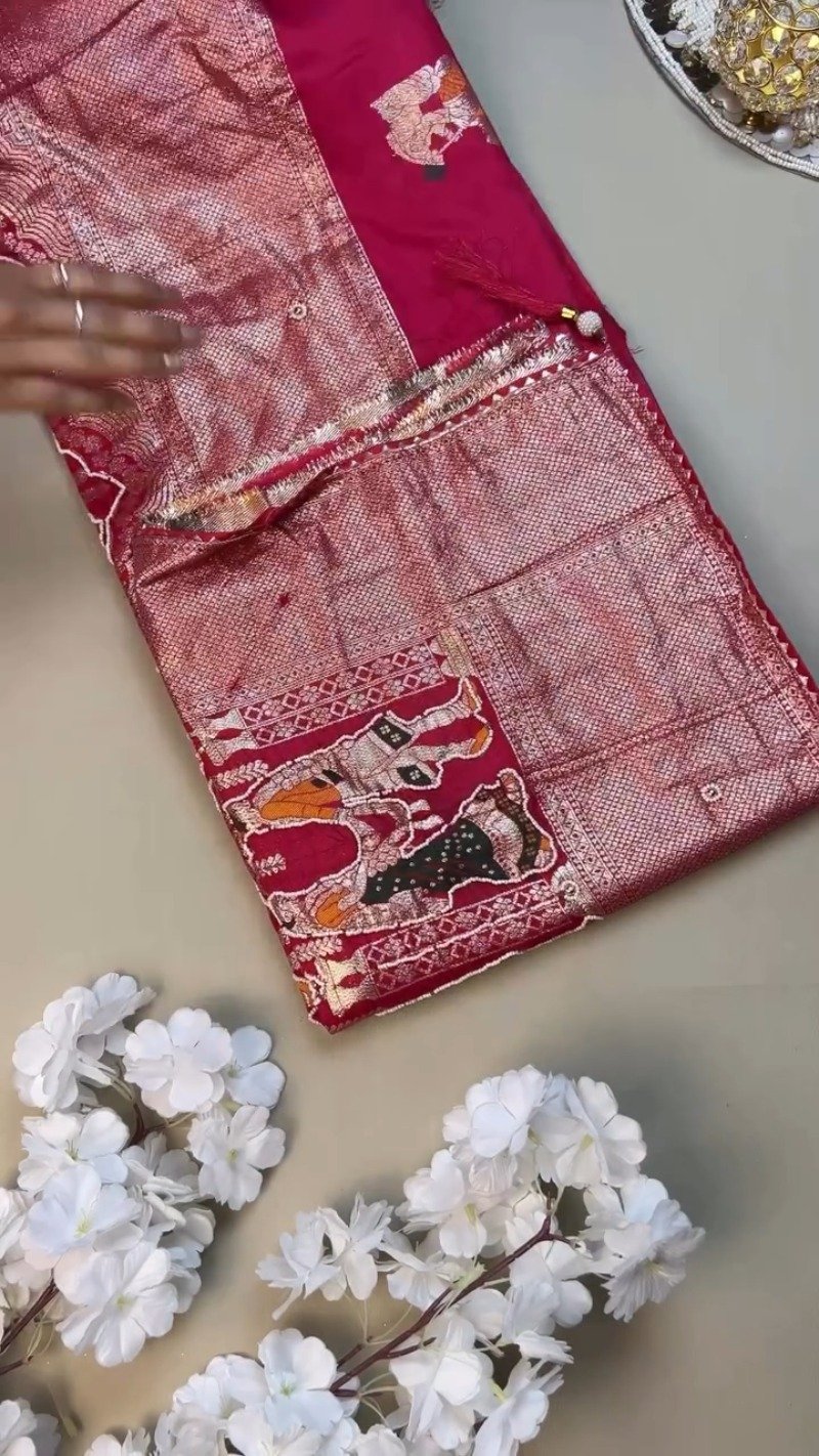 Royal Rani Pink Banarasi Silk Saree with Traditional Figural Weaving - Image 3
