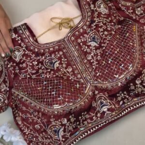 Regal Maroon Sequin-Embroidered Velvet Blouse and Saree Set – Available in Maroon & White