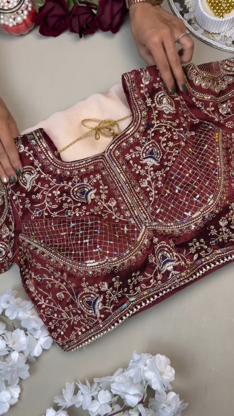Regal Maroon Sequin-Embroidered Velvet Blouse and Saree Set β Available in Maroon & White