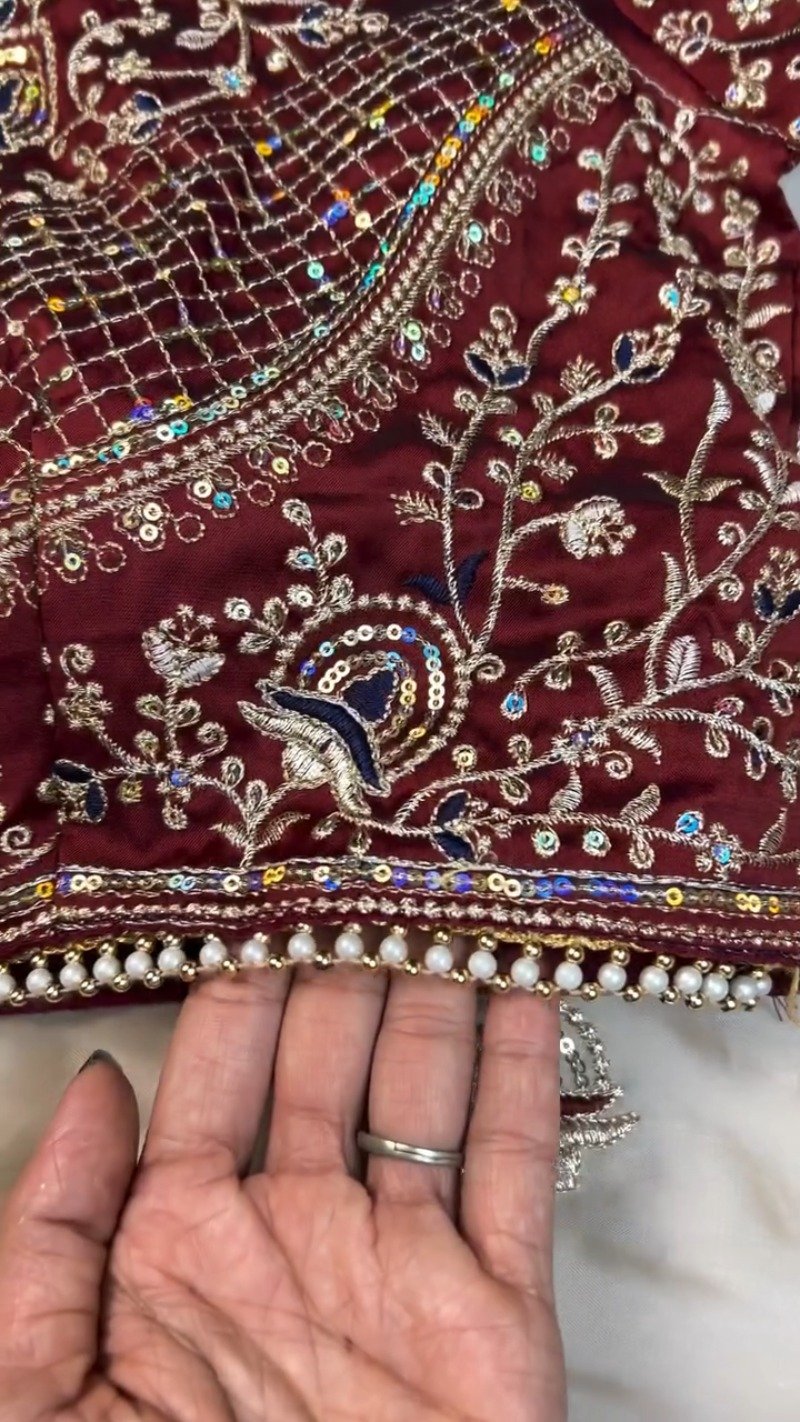 Regal Maroon Sequin-Embroidered Velvet Blouse and Saree Set β Available in Maroon & White - Image 4