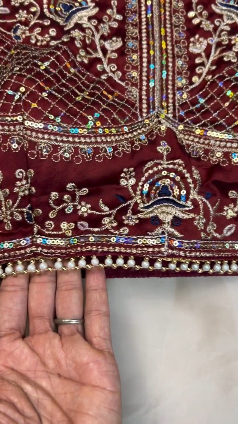 Regal Maroon Sequin-Embroidered Velvet Blouse and Saree Set β Available in Maroon & White - Image 5
