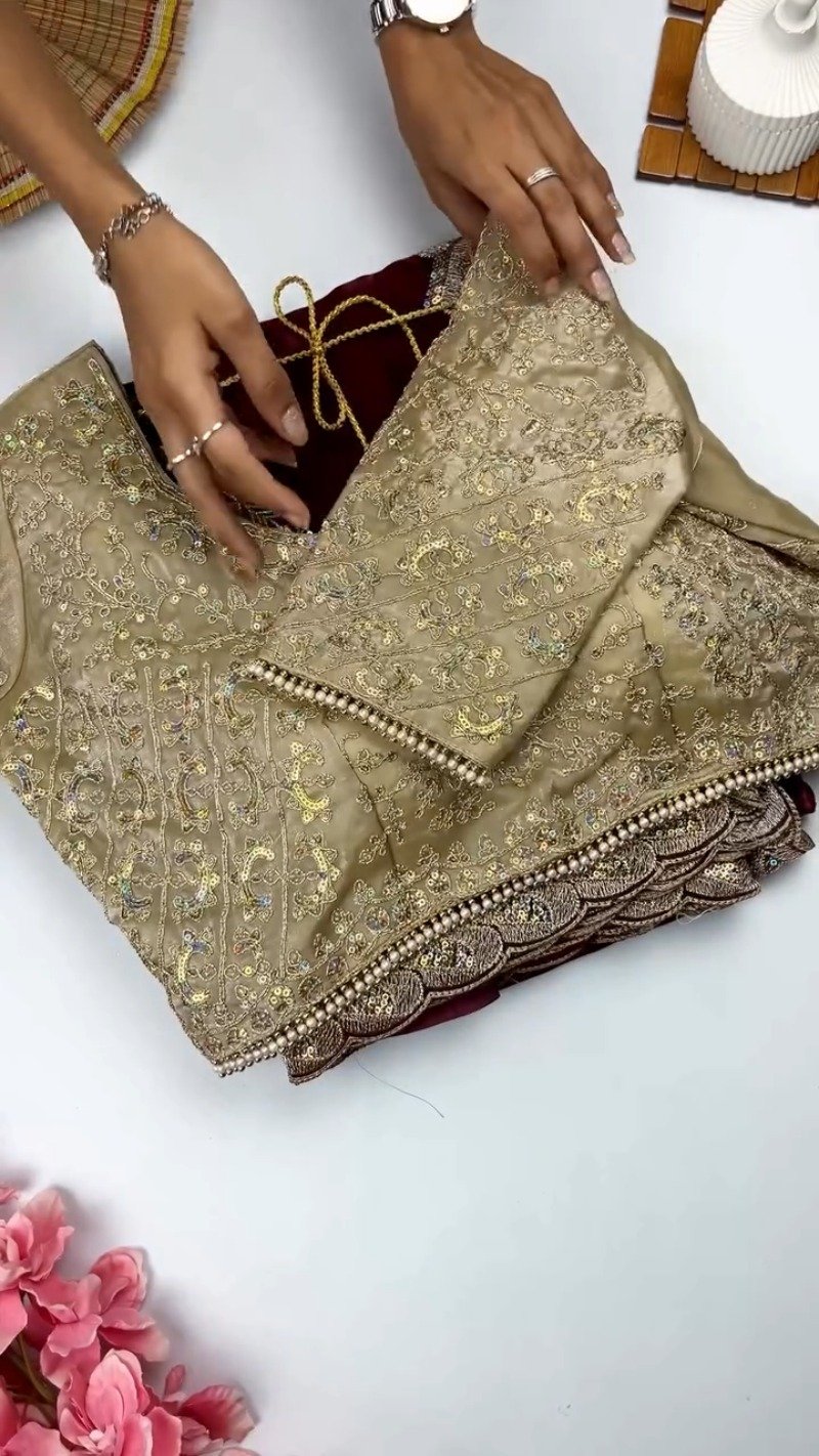 Opulent Wine & Gold Embroidered Saree Set β Available in Wine & Deep Maroon