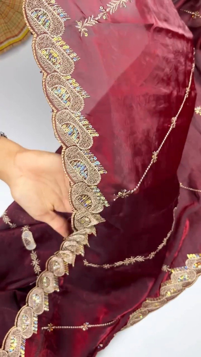 Opulent Wine & Gold Embroidered Saree Set β Available in Wine & Deep Maroon - Image 4