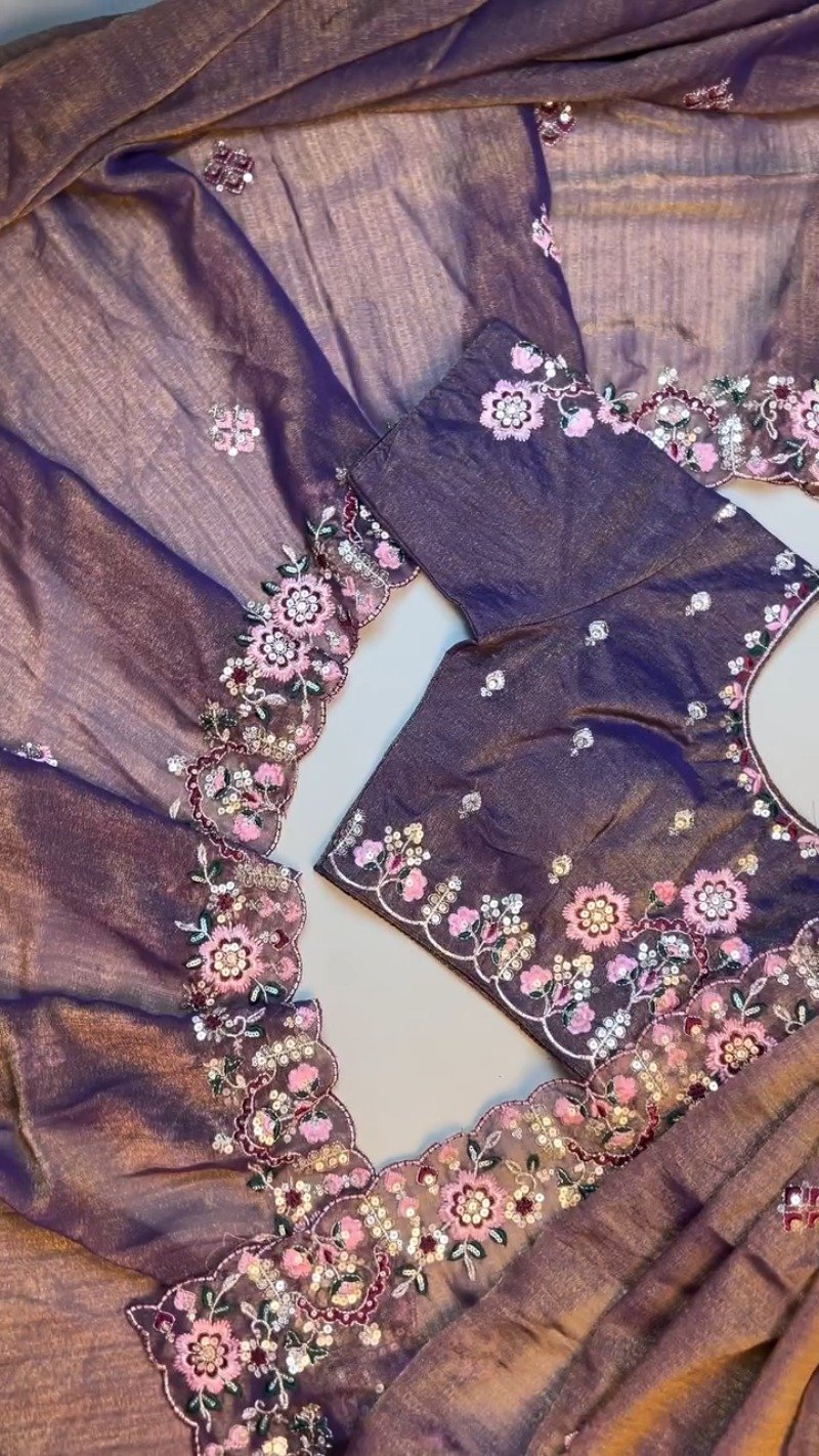 Royal Amethyst Shimmer Organza Saree & Embroidered Blouse Set