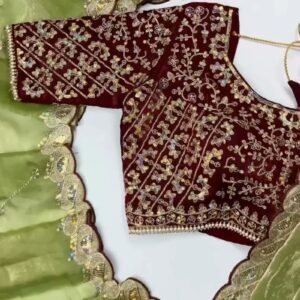 Opulent Scalloped Border Embellished Saree with Embroidered Blouse – Available in Sage Green & Rust Orange