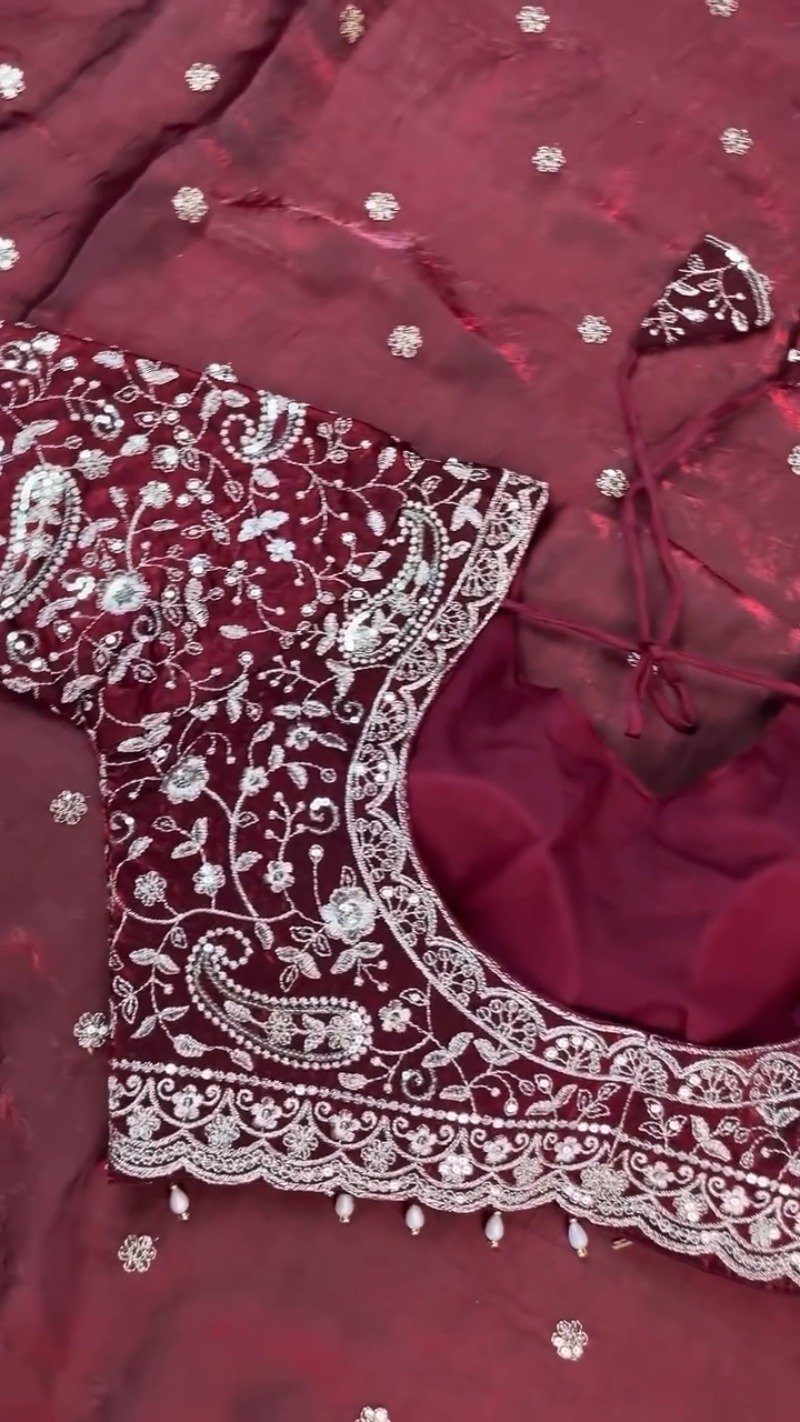 Regal Maroon Hand-Embellished Silk Saree with Heavy Zardosi Work – Available in Single Colour