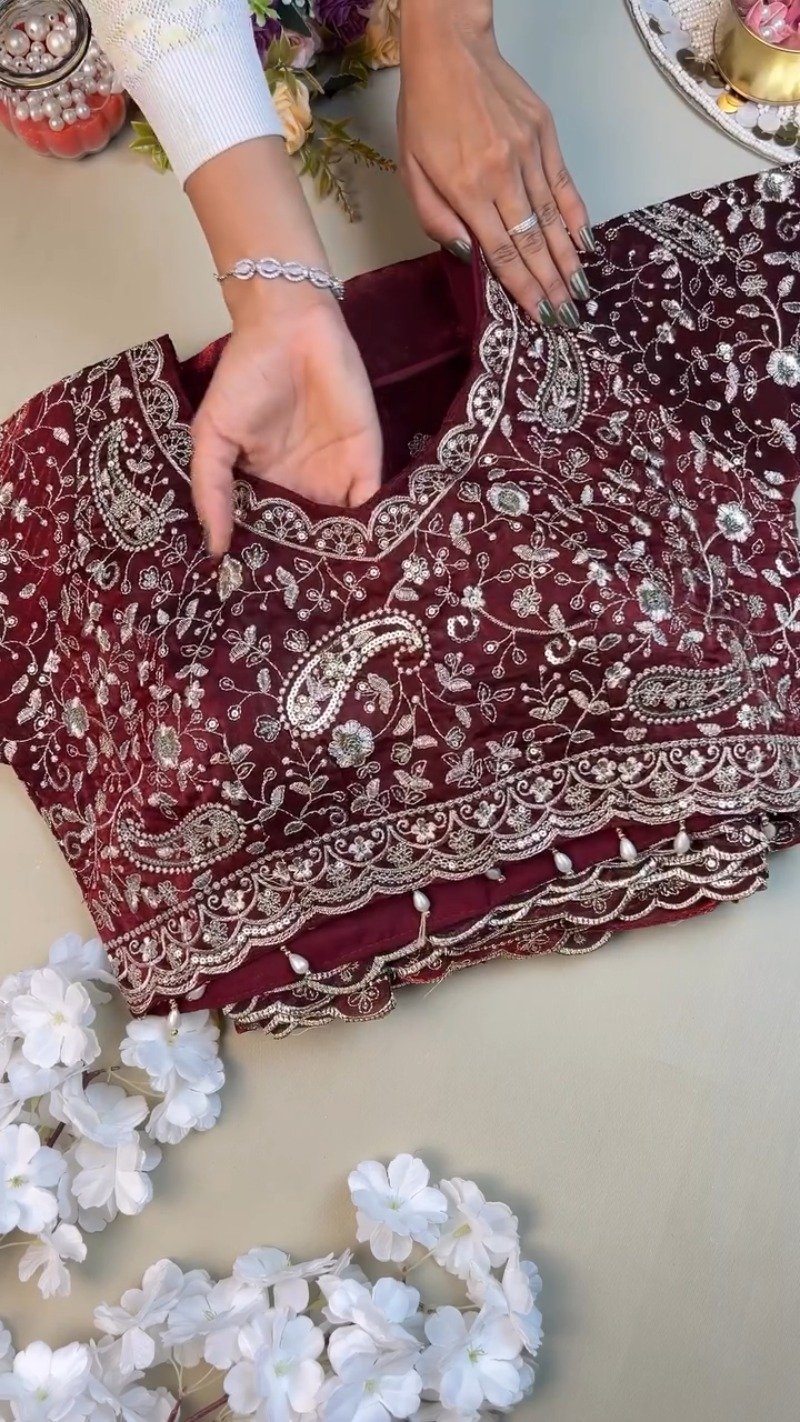 Regal Maroon Hand-Embellished Silk Saree with Heavy Zardosi Work – Available in Single Colour - Image 2