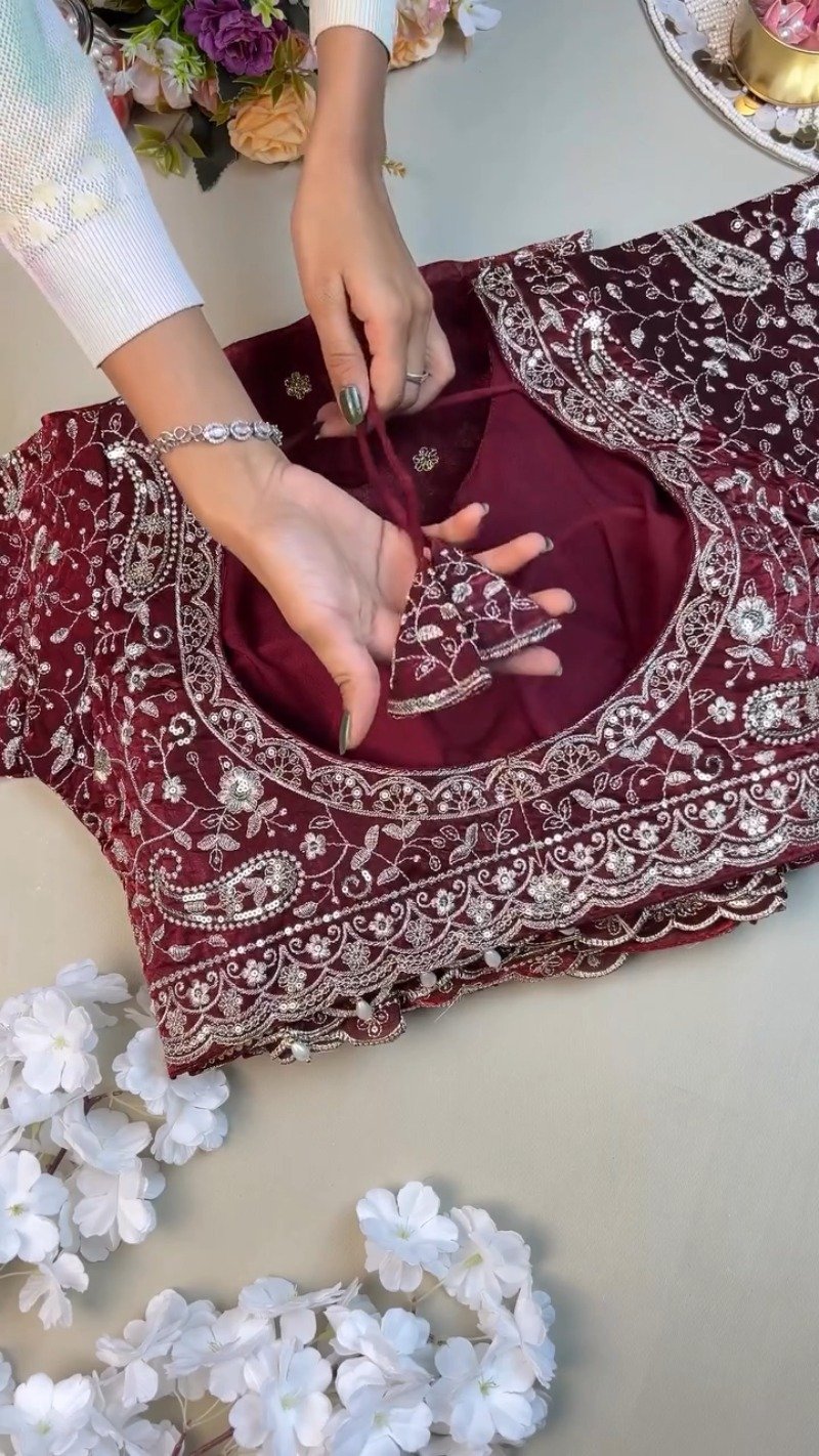 Regal Maroon Hand-Embellished Silk Saree with Heavy Zardosi Work – Available in Single Colour - Image 3
