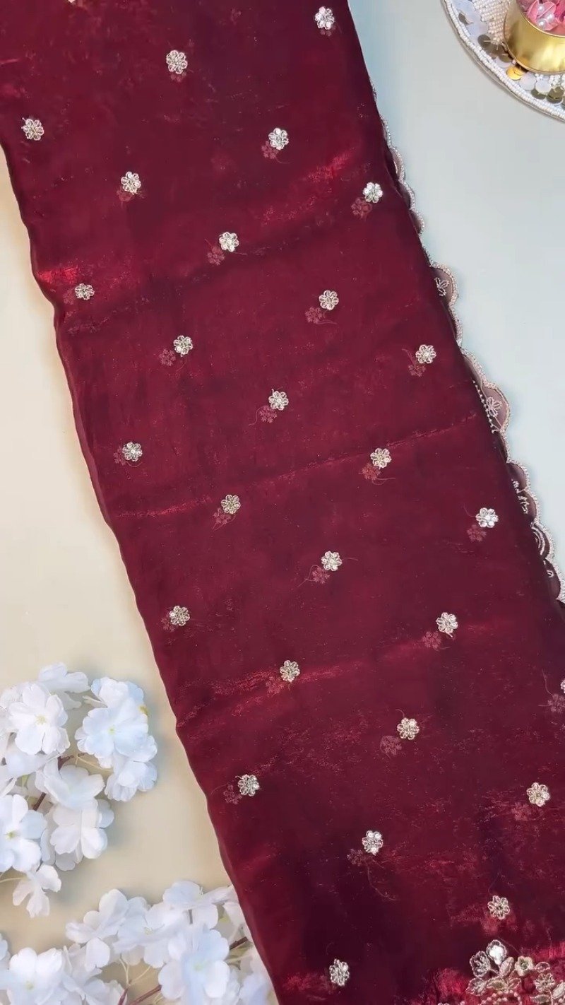 Regal Maroon Hand-Embellished Silk Saree with Heavy Zardosi Work – Available in Single Colour - Image 4