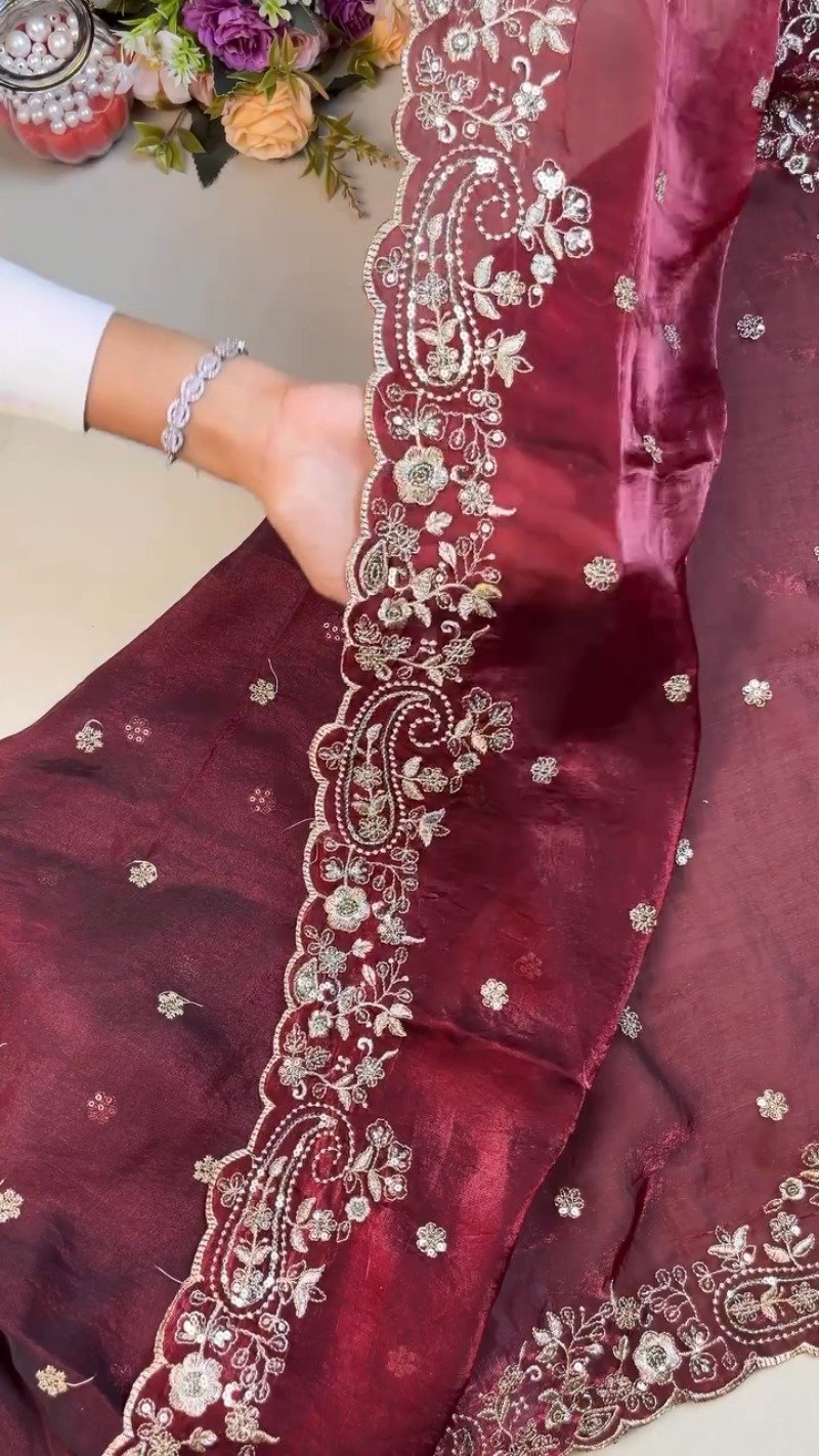 Regal Maroon Hand-Embellished Silk Saree with Heavy Zardosi Work – Available in Single Colour - Image 5