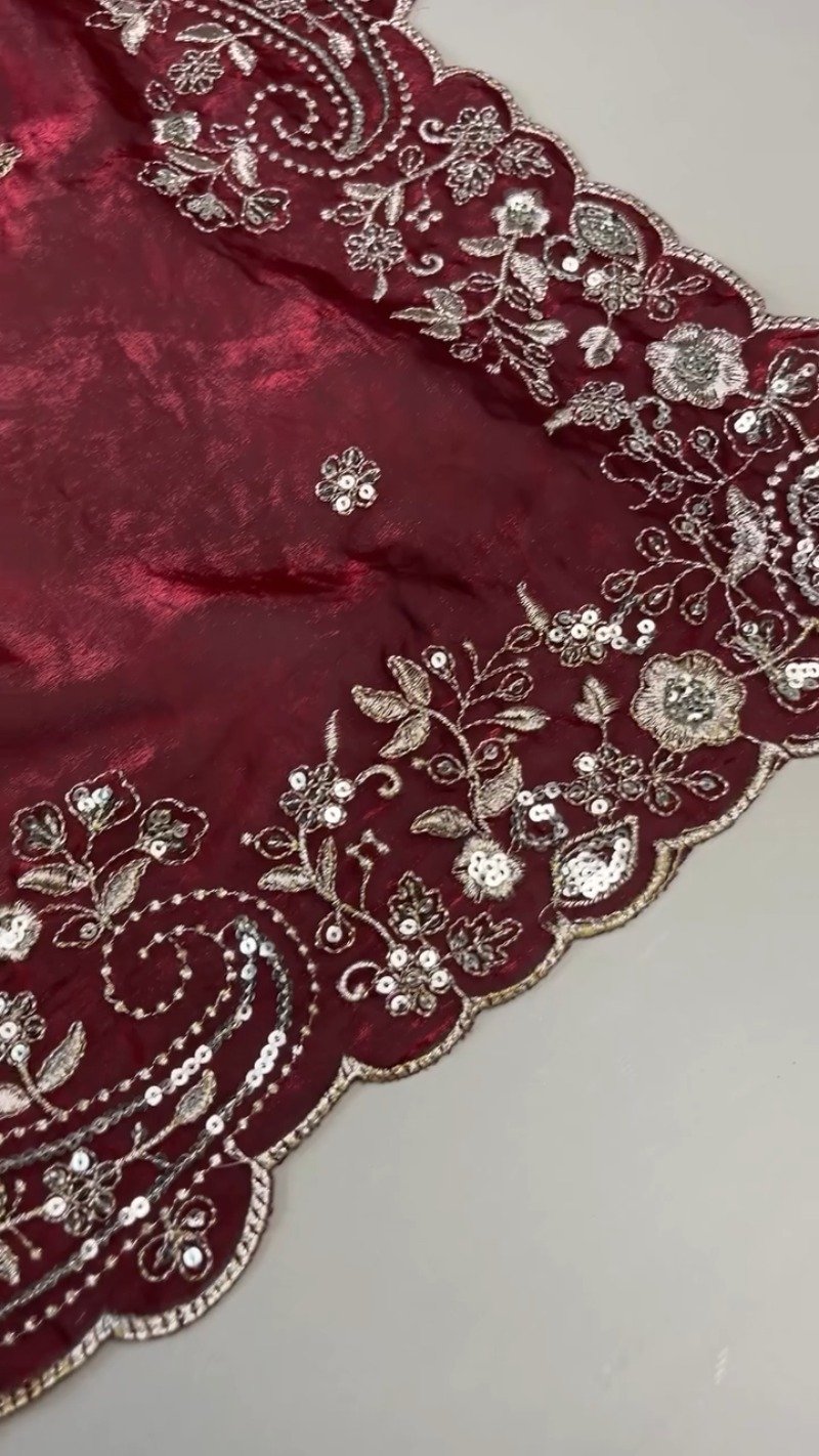 Regal Maroon Hand-Embellished Silk Saree with Heavy Zardosi Work – Available in Single Colour - Image 6