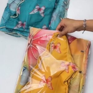 Ethereal Butterfly Embellished Organza Saree – Available in Teal & Mustard Yellow