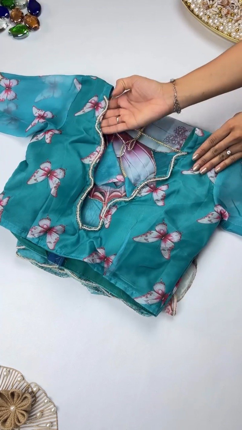 Ethereal Butterfly Embellished Organza Saree β Available in Teal & Mustard Yellow - Image 2