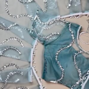 Stunning Sequin-Embellished Organza Saree & Blouse Set in Seafoam Green