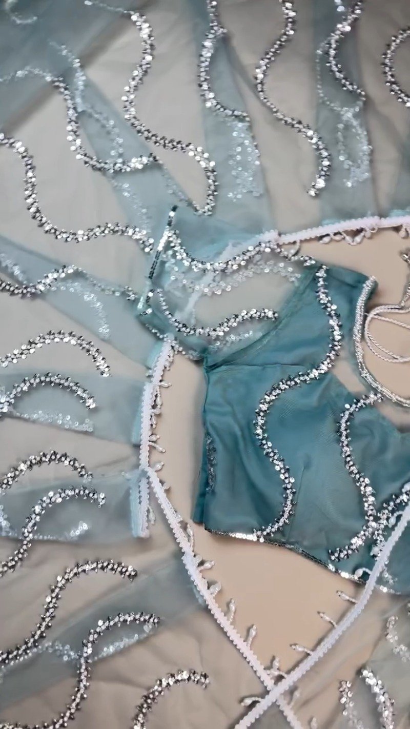 Stunning Sequin-Embellished Organza Saree & Blouse Set in Seafoam Green