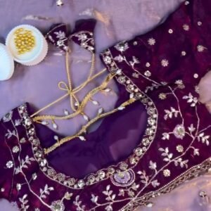 Regal Plum Hand-Embroidered Velvet Blouse & Saree Set